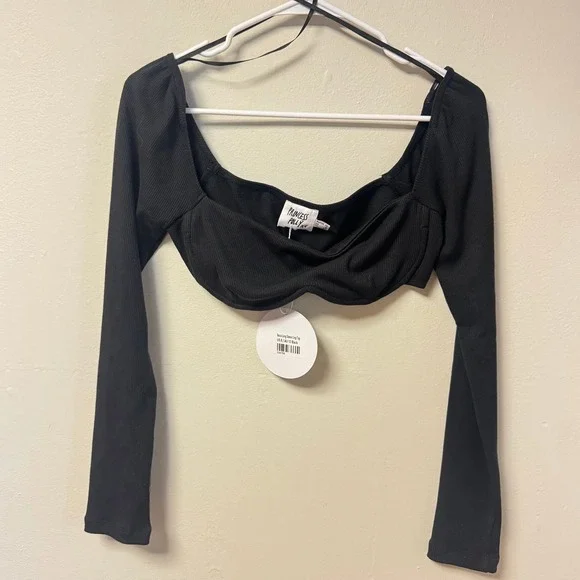 Princess Polly Becca Long Sleeve Crop Top Black Ribbed Sweetheart Neck US 8 NEW - Picture 3 of 5
